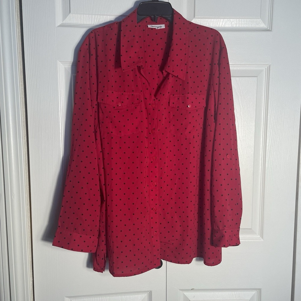 Serengeti Polka Dot Shirt Womens‎ 3X Red Black Button Up Long Sleeve Blouse Top